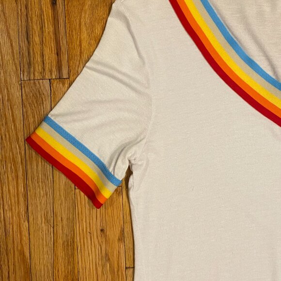 Women's Short Sleeve White T-Shirt with Rainbow Trim Size Small - Picture 2 of 3
